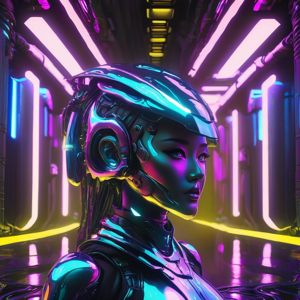  1 Liquid Metal Humanoid、Detailed metal face、Beautiful metal eyes、Detailed metal lips、Beautifully detailed metal woman、Complex Armor、Gorgeous futuristic dungeon environments、Shining neon lights、Very detailed、8k、Photorealistic、Dramatic lighting、Cinematic composition、Bright colors、Dark and gloomy atmosphere、Techno-Organic、sf、cyber punk