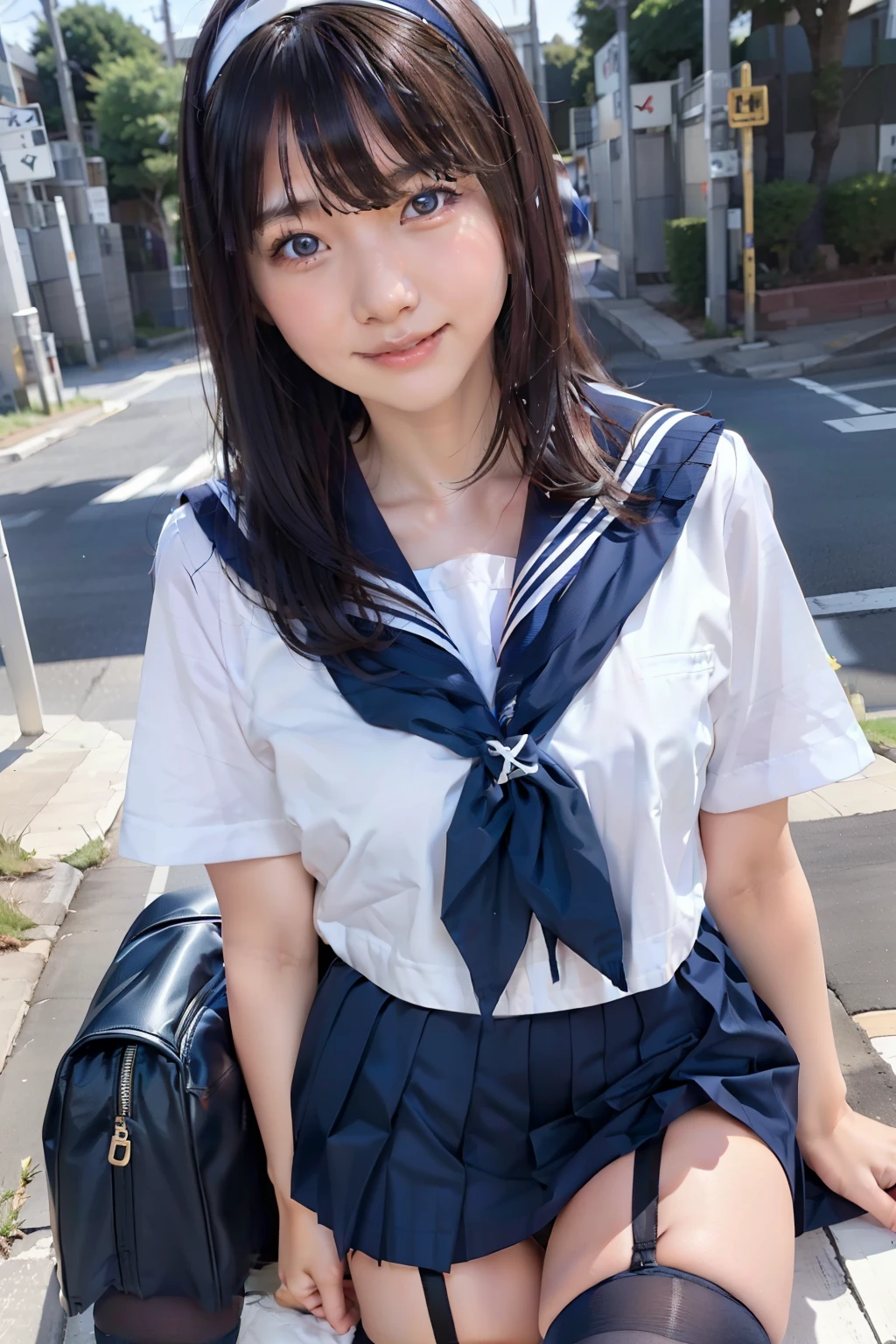 sailor uniform, One Woman, (Beautiful woman, delicate :1.3), Black Hair, bob cur hair, Patsun, 8k, Highest quality, masterpiece, Very detailed, Ultra-high resolution, Realistic, RAW Photos, Absolute Resolution, face is small compared to body (4:1), Very small face (4:1), The face is balanced, Black Hair, Navy blue sailor suit, Dark Blue Skirt, High school girl in sailor uniform, Realistic high school girl, (White headband:1.4), Small breasts, expensive, Slanted Eyes, Bright Blue Eyes, (In front of the school gate), (Black Stockings:1.4), (black garter belt:1.4), Open your mouth, smile, stand, School bag on shoulder,