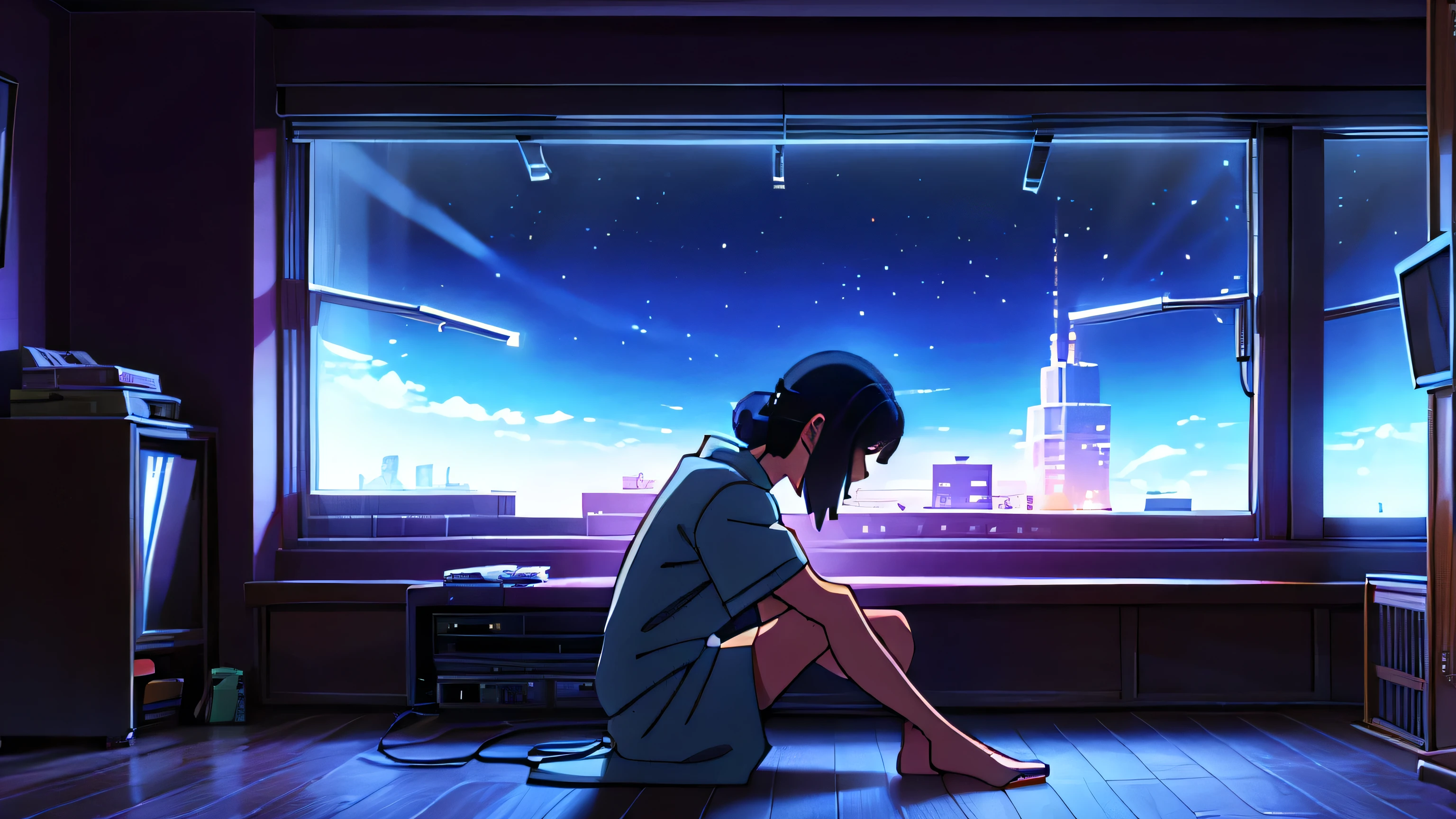 high quality, a girl, lonely, sitting on the floor, side view, with a music player, in the room, with a window, with stardust, at midnight, lo-fi, 2d anime, on right, dramatic lighting