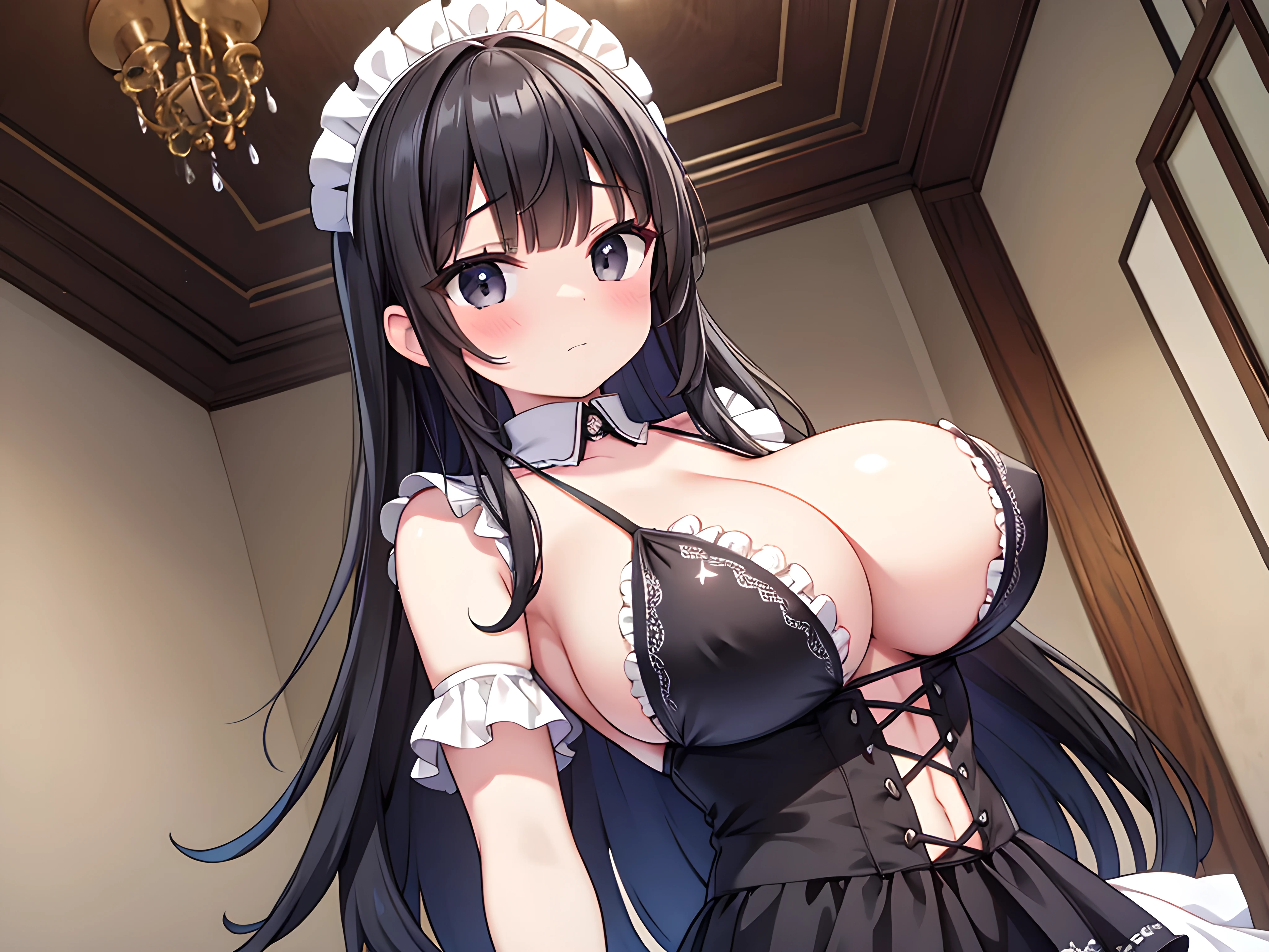 intricate detailed, detailed skin, detailed hair, 1girl, original, black hair, straight hair, hime cut, beautiful black eyes, shiny skin, huge breasts, chubby, upper body , looking at viewer, embarrassed, black micro bikini, black frilled bikini, BREAK, white maid headdress, standing in living room, from below, ground level shot, best quality, masterpiece, absurdres,