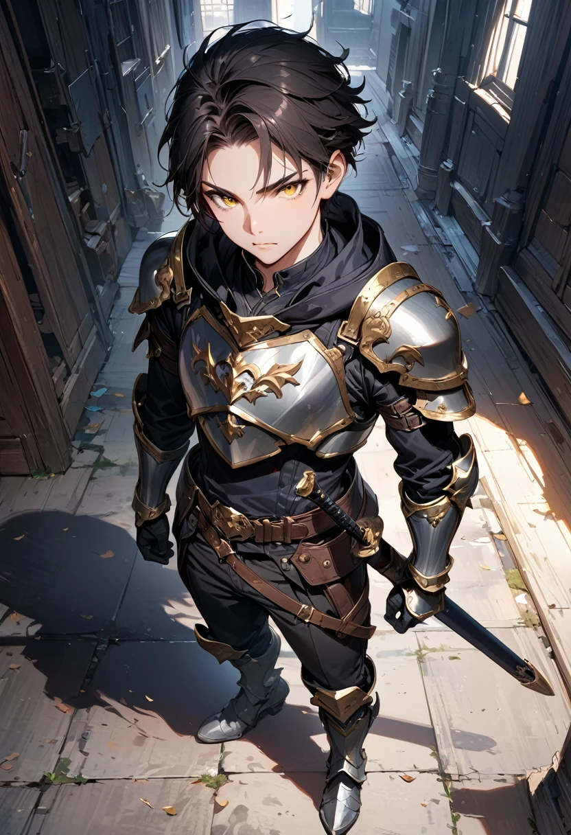 (masterpiece),(best quality),(ultra-detailed),(best illustration),(best shadow),(absurdres),(detailed background),(very aesthetic), 1boy, male-focus, black-hair, solo, armor, yellow-eyes, gauntlets, belt, black-pants, standing, boots, pants, short-hair, full-body, hoodie, armored-boots, breastplate, sheath, hood-down, black-hoodie, closed-mouth, gloves, looking-at-viewer, indoors, smooth forehead