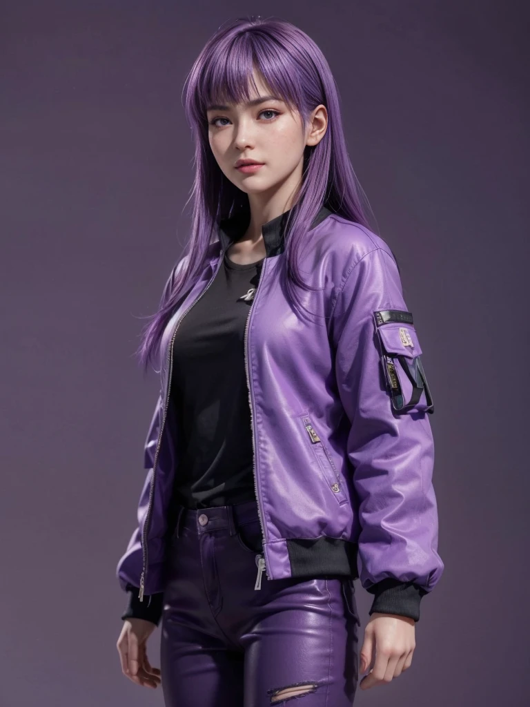 Ayane, Purple hair, (best quality, Ultra-detailed), (realistic:1.37), beautiful and detailed face, ultra-realistic texture, delicate face, delicate body, red lipstick, long-lasting colors. high definition, 8K. with a serious and very expressive expression in the eyes.