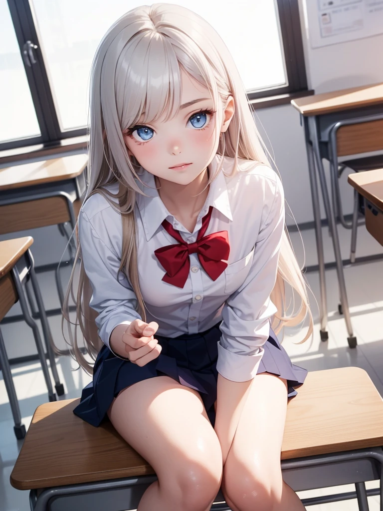 1 girl, , Dynamic pose, Dynamic Angle, Pose placement,Top quality work，Show off your legs，(Long white hair),(blue eyes), Rose Cheeks, Pretty face, Perfectly balanced face, School white shirt with red bow and black skirt, (School uniform), (School white shirt), White Stockings，School, In the classroom,  round small breasts、Erotic