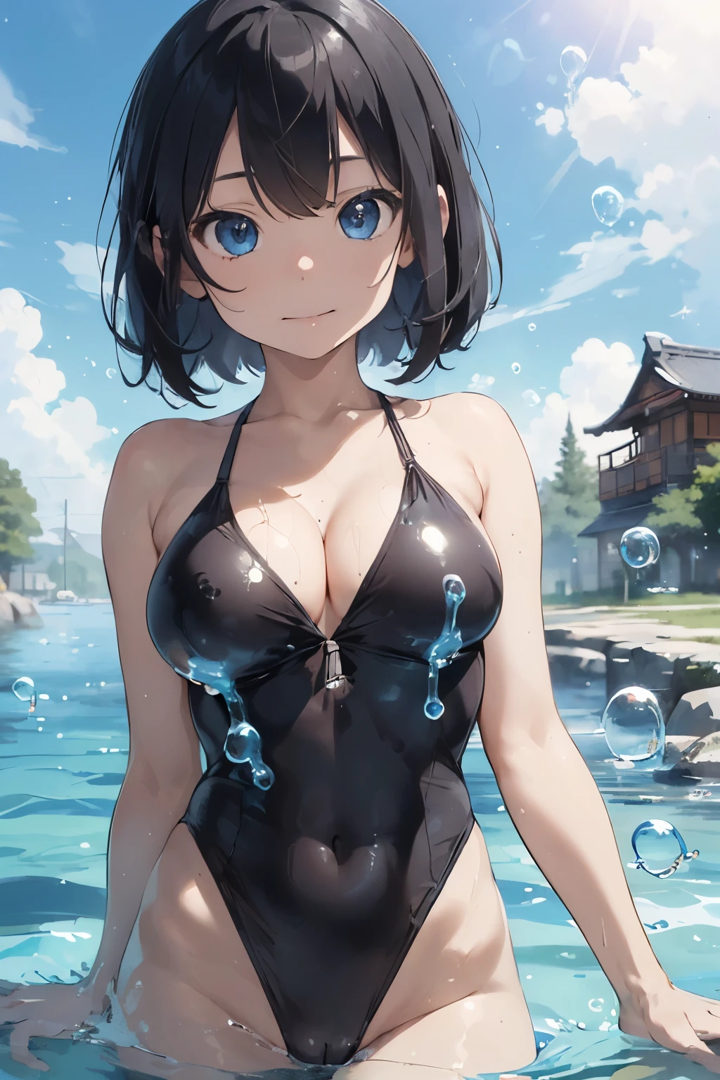 ((Highest quality)), ((masterpiece)), (detailed), (（Japanese）),, Black Hair,(Childish face), long hair, (Bob Hair), Girl ,Medium Breasts , ((Blue eyes)),half-smile , Sunlight , ((Naked)),（topless）,((close_up)) ,((Lots of bubbles)), Thong swimsuit, ((Showcasing cleavage)),