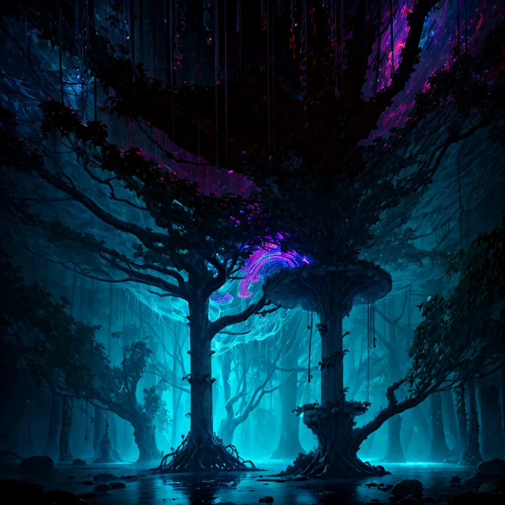 Abstract twisted tree roots with tree roots wrapped around a skull,Above the skull is a strange, dripping floor.,,light composition,rainbow,rainbow围绕着头骨,full of energy,Illustrated circular composition of various structural force effects,standing alone,GET a portrait,Fantastic decoration combination of decorative elements.