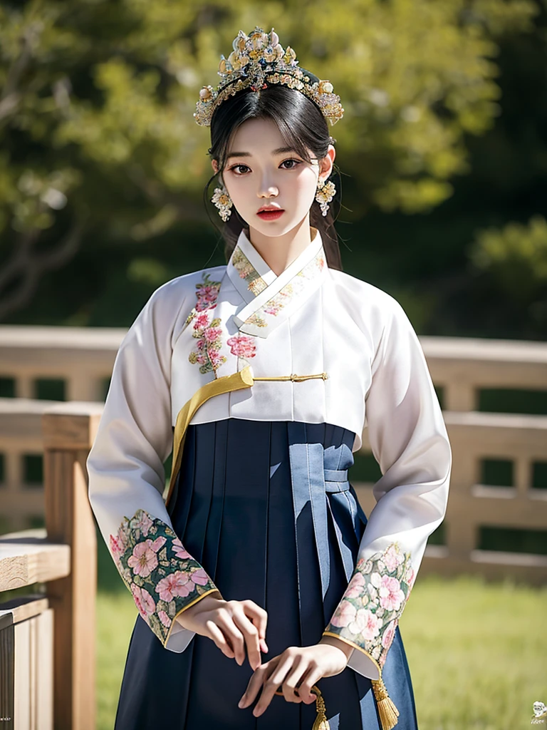 ((word)), Gyeongbokgung, (masterpiece), (detailed), (intricate details), (realistic, realistic:1.37),illustration, very delicate and beautiful, 매우 detailed, CG,unity, 8K wallpapers, amazing, fine details, Extremely fine CG Great unity 8k, 매우 detailed, high resolution, 매우 detailed, 매우 detailed eyes and face, upper body, View viewer, 1 girl, (18 years old), pale skin, black hair, 조랑word 꼬리, hairpin, part, headdress, earring, floral pattern, white hanbok, slim body,