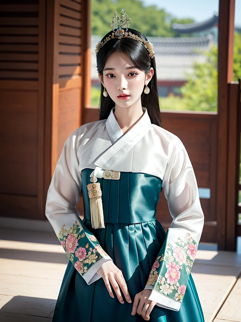 ((word)), Gyeongbokgung, (masterpiece), (detailed), (intricate details), (realistic, realistic:1.37),illustration, very delicate and beautiful, 매우 detailed, CG,unity, 8K wallpapers, amazing, fine details, Extremely fine CG Great unity 8k, 매우 detailed, high resolution, 매우 detailed, 매우 detailed eyes and face, upper body, View viewer, 1 girl, (18 years old), pale skin, black hair, 조랑word 꼬리, hairpin, part, headdress, earring, floral pattern, white hanbok, slim body,
