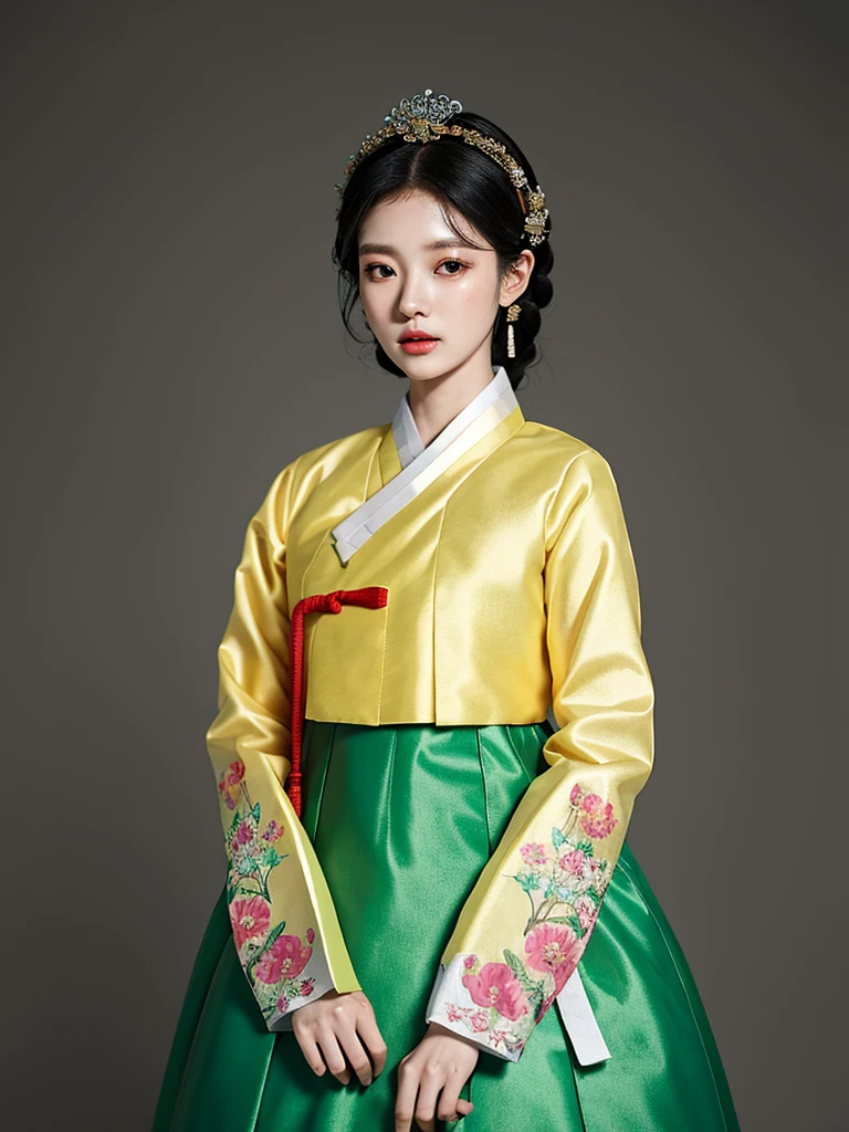 ((word)), Gyeongbokgung, (masterpiece), (detailed), (intricate details), (realistic, realistic:1.37),illustration, very delicate and beautiful, 매우 detailed, CG,unity, 8K wallpapers, amazing, fine details, Extremely fine CG Great unity 8k, 매우 detailed, high resolution, 매우 detailed, 매우 detailed eyes and face, upper body, View viewer, 1 girl, (18 years old), pale skin, black hair, 조랑word 꼬리, hairpin, part, headdress, earring, floral pattern, white hanbok, slim body,