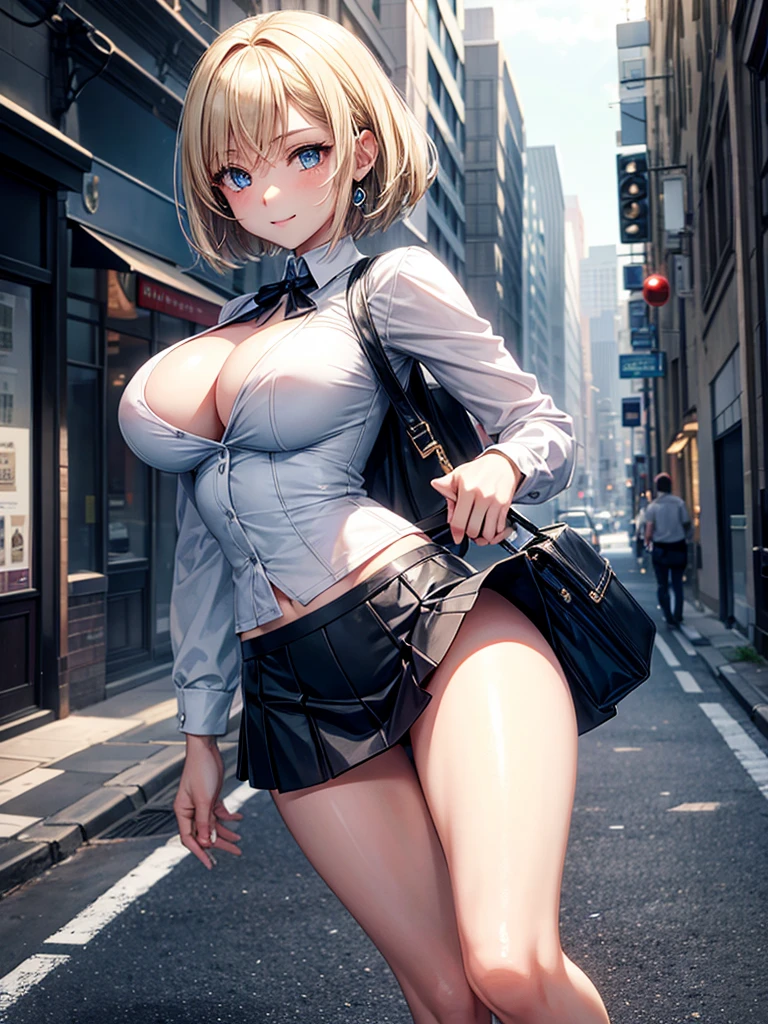 Anime style, super fine illustration, highly detailed, beautiful detailed, pale tone image, static representation, gentle expression, 8k, pretty 1girl with blonde straight short hair & blue eyes & a bright smile & big breasts & slim waist & nipples & soft fair skin is wearing big white business shart & black tight skirt & 1business bag, on the business building street, in the morning, brilliant particles of lights, romantic stories, solo, perfect 5fingers, perfect arms, perfect legs, masterpiece.
