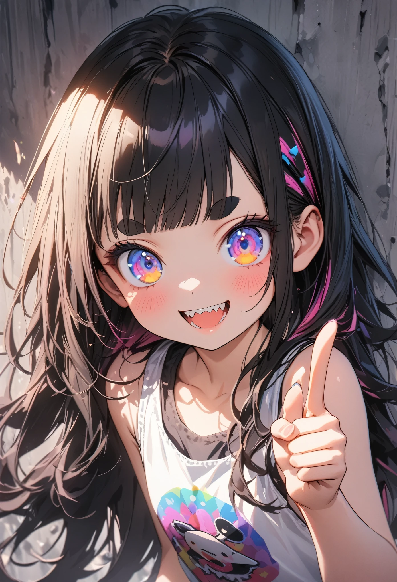 ((Masterpiece)), ((best quality)), ((kawaii)), (super detail:1.2), ((extremely detailed)), (8K), (High Definition:1.3), (Professional Photography:1.2), (drop shadow), (very aesthetic:1.2), (absurdres:1.2), (sharp focus), (perfect light), ((12 years old)), cute young Girl, Glossy unruly hair, (loose blunt bangs), colorful hair, long hair, big eyes, (long eyelashes), ((Thin and short eyebrows)), colorful eyes, (cute smile), open mouth, jagged teeth, joy, (cute tanktop),  arms, cute, ((index finger raised)), (colorful:1.3), gothic makeup, (simple concrete background),