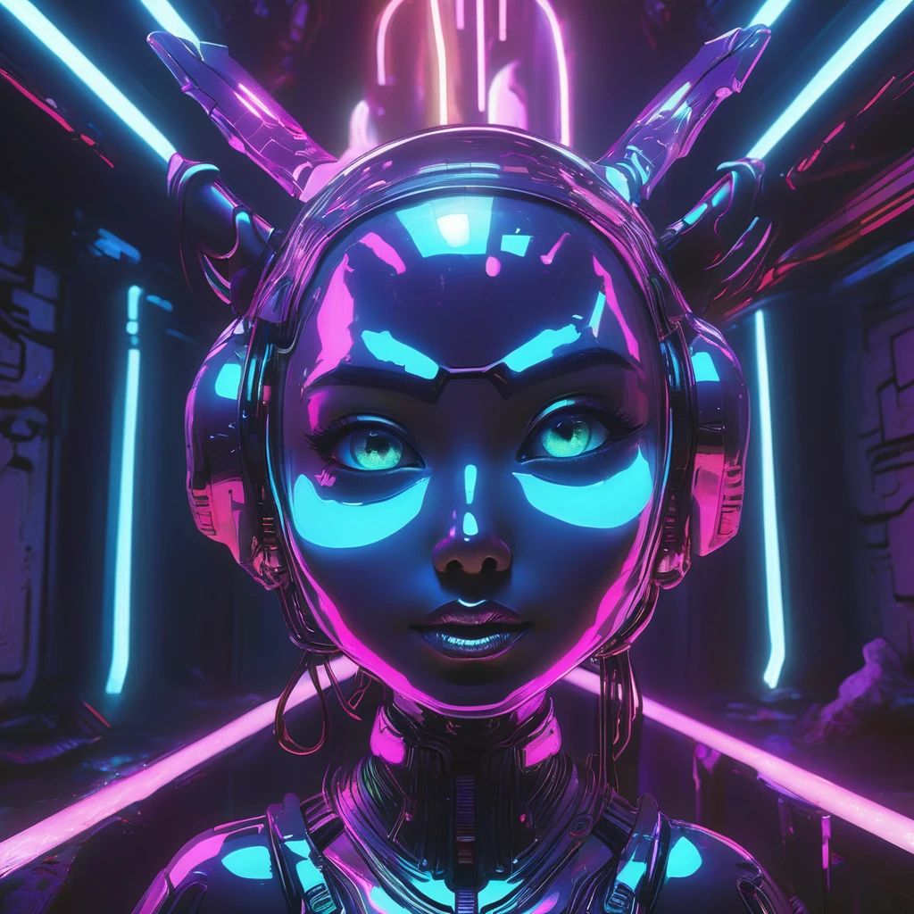  1 Metal Slime、Detailed metal face、Beautiful metal eyes、Detailed metal lips、Beautifully detailed metal woman、Complex Armor、Gorgeous futuristic dungeon environments、Shining neon lights、Very detailed、8k、Photorealistic、Dramatic lighting、Cinematic composition、Bright colors、Dark and gloomy atmosphere、Techno-Organic、sf、cyber punk