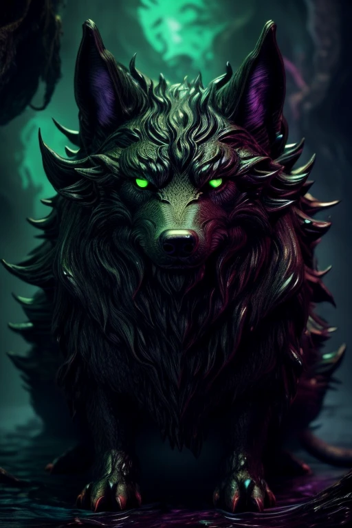 Wolf Slime monster, Wolf slime of monstrous colors ,Wolf Slime creature,
masterpiece,Highest quality,8k,High resolution,
Fantastic,scary,horrific, 
Please draw a wolf slime monster. drippy wolf slime monster of viscous ooze with gooey fur, black slime. 
