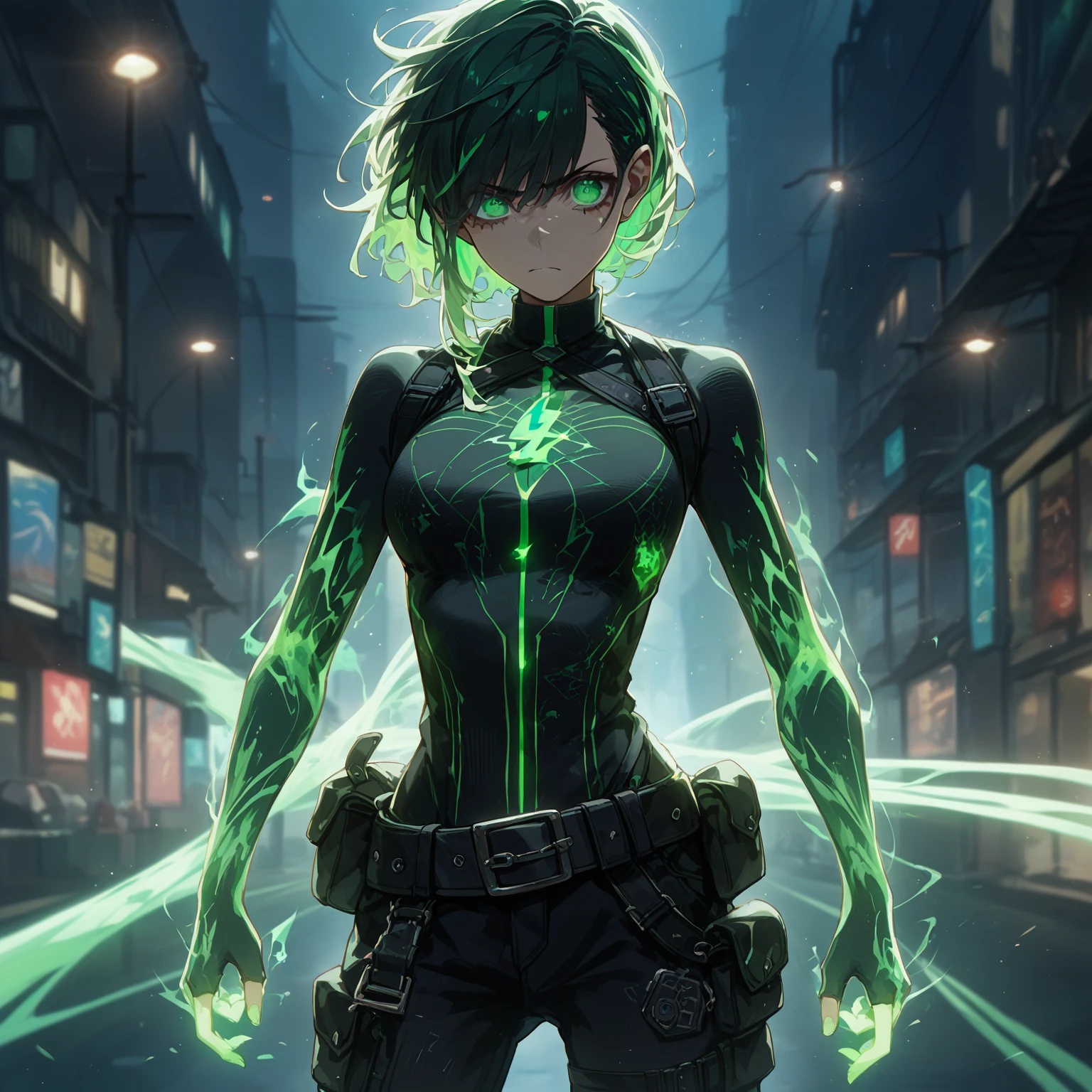 a girl with Slim, athletic build,Short, edgy hair with streaks of neon green,Intense, glowing green eyes,Fitted, (nude:0.9), NSFW, dark top with glowing green circuitry,standing in front of a city,Sleeveless or short-sleeved, showcasing glowing energy patterns on her arms,High-tech harness with energy nodes,Fingerless gloves with energy conduits,Dark, fitted pants with utility pockets,Belt with energy capsules and gadgets,Confident, determined expression,Energetic aura surrounding her hands and body, detailed gorgeous face| anime style| key visual| intricate detail| highly detailed| breathtaking| vibrant| panoramic| cinematic| Carne Griffiths| Conrad Roset| gibbli 8k