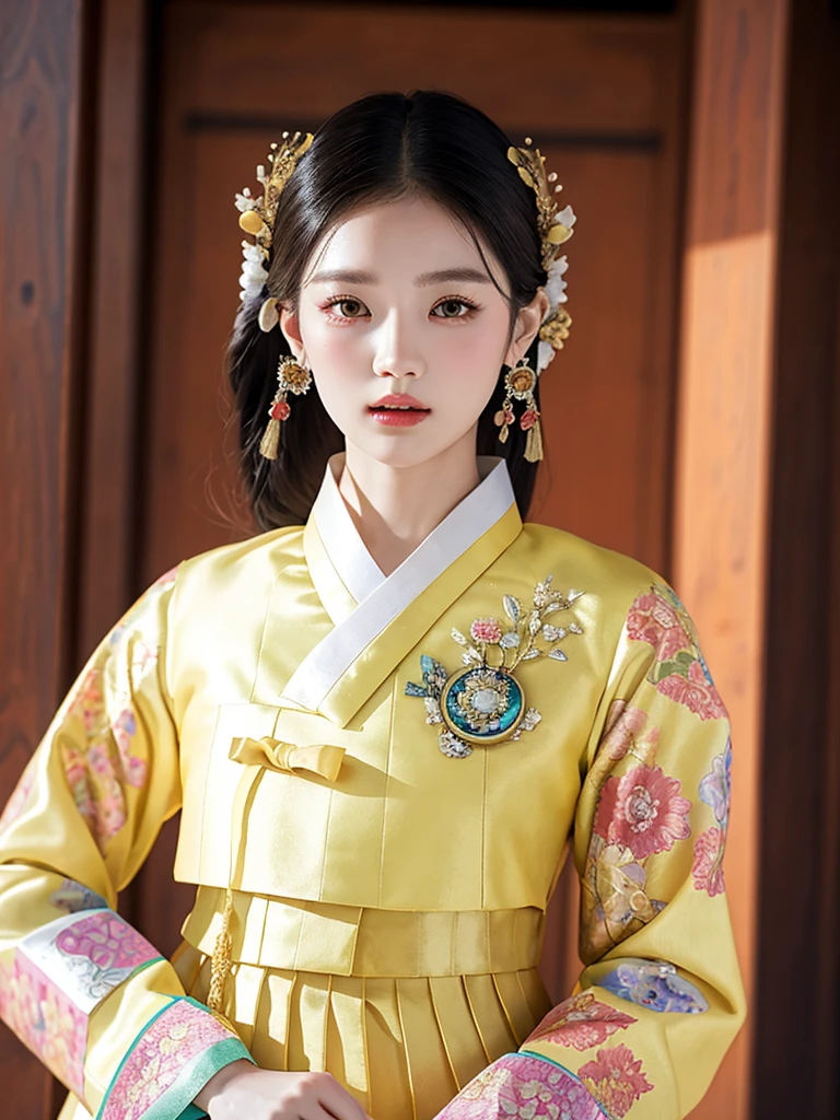 Gyeongbokgung, (masterpiece), (detailed), (intricate details), (realistic, realistic:1.37),illustration, very delicate and beautiful, 매우 detailed, CG,unity, 8K wallpapers, amazing, fine details, Extremely fine CG Great unity 8k, 매우 detailed, high resolution, 매우 detailed, 매우 detailed eyes and face, upper body, View viewer, 1 girl, (18 years old), pale skin, black hair, pony tail, hairpin, part, headdress, earring, floral pattern, white hanbok, slim body,