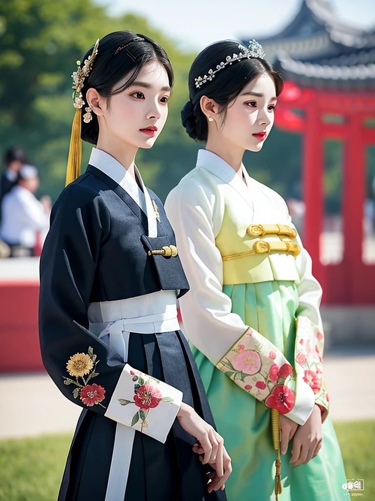 Gyeongbokgung, (masterpiece), (detailed), (intricate details), (realistic, realistic:1.37),illustration, very delicate and beautiful, 매우 detailed, CG,unity, 8K wallpapers, amazing, fine details, Extremely fine CG Great unity 8k, 매우 detailed, high resolution, 매우 detailed, 매우 detailed eyes and face, upper body, View viewer, 1 girl, (18 years old), pale skin, black hair, pony tail, hairpin, part, headdress, earring, floral pattern, white hanbok, slim body,