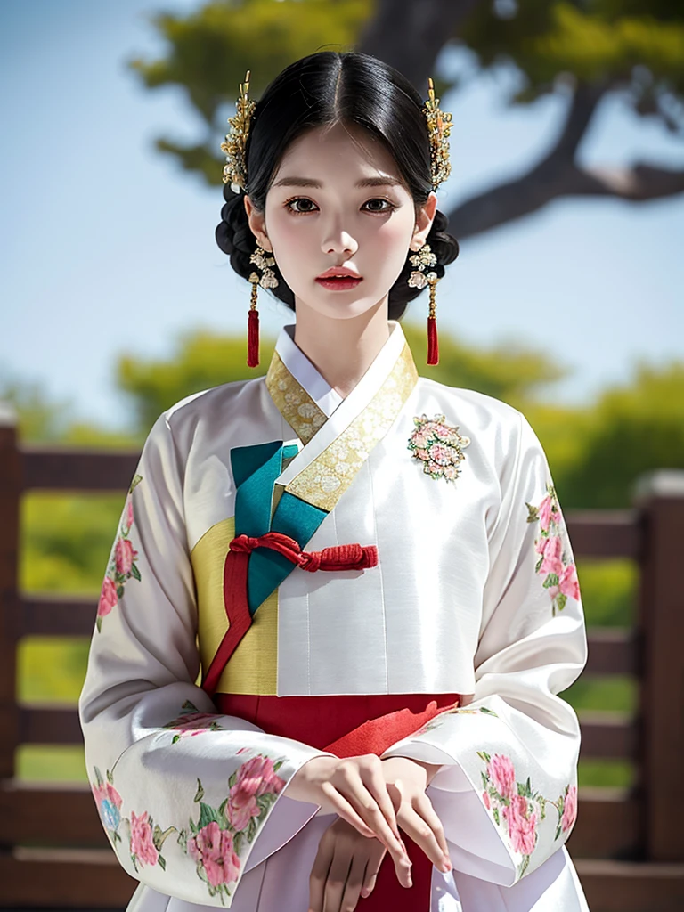 ((word)), Gyeongbokgung, (masterpiece), (detailed), (intricate details), (realistic, realistic:1.37),illustration, very delicate and beautiful, 매우 detailed, CG,unity, 8K wallpapers, amazing, fine details, Extremely fine CG Great unity 8k, 매우 detailed, high resolution, 매우 detailed, 매우 detailed eyes and face, upper body, View viewer, 1 girl, (18 years old), pale skin, black hair, 조랑word 꼬리, hairpin, part, headdress, earring, floral pattern, white hanbok, slim body,