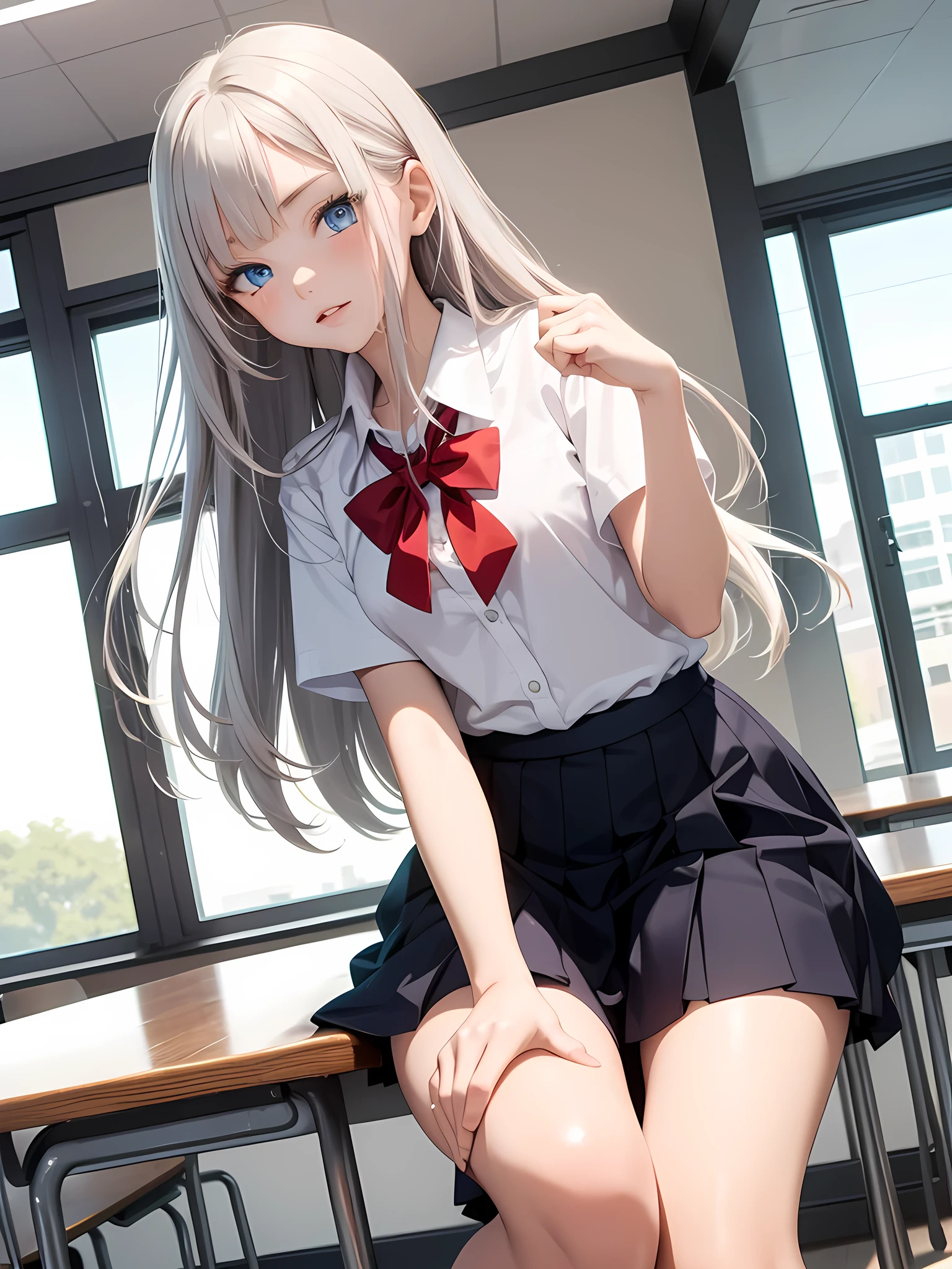 1 girl, , Dynamic pose, Dynamic Angle, Arrange Poses,Top quality work,Show off your legs,(Long white hair),(blue eyes), Rose Cheeks, Pretty face, Perfectly balanced face, School white shirt with red bow and black skirt, (School uniform), (School white shirt), White Stockings,School, In the classroom, round small breasts