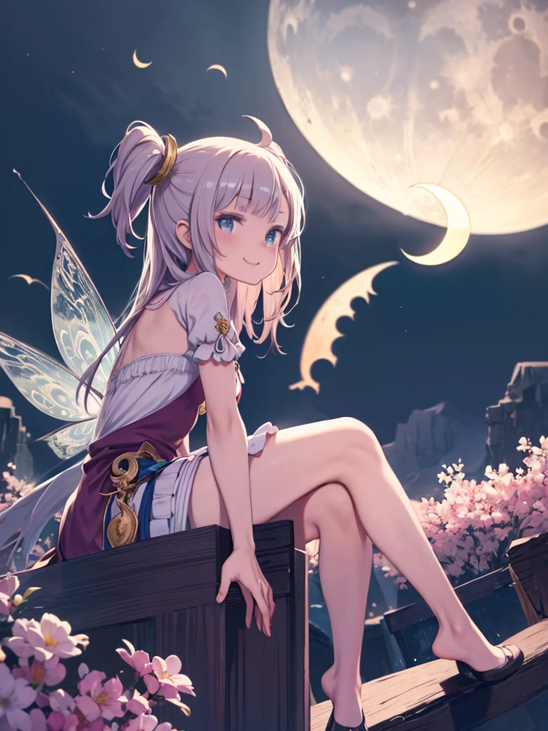 One Girl、((Sit on the crescent moon、Perched on a crescent moon))、Landscape、Angle from the side、Fantasy、Fairy tale、smile、Watching the audience、cute、