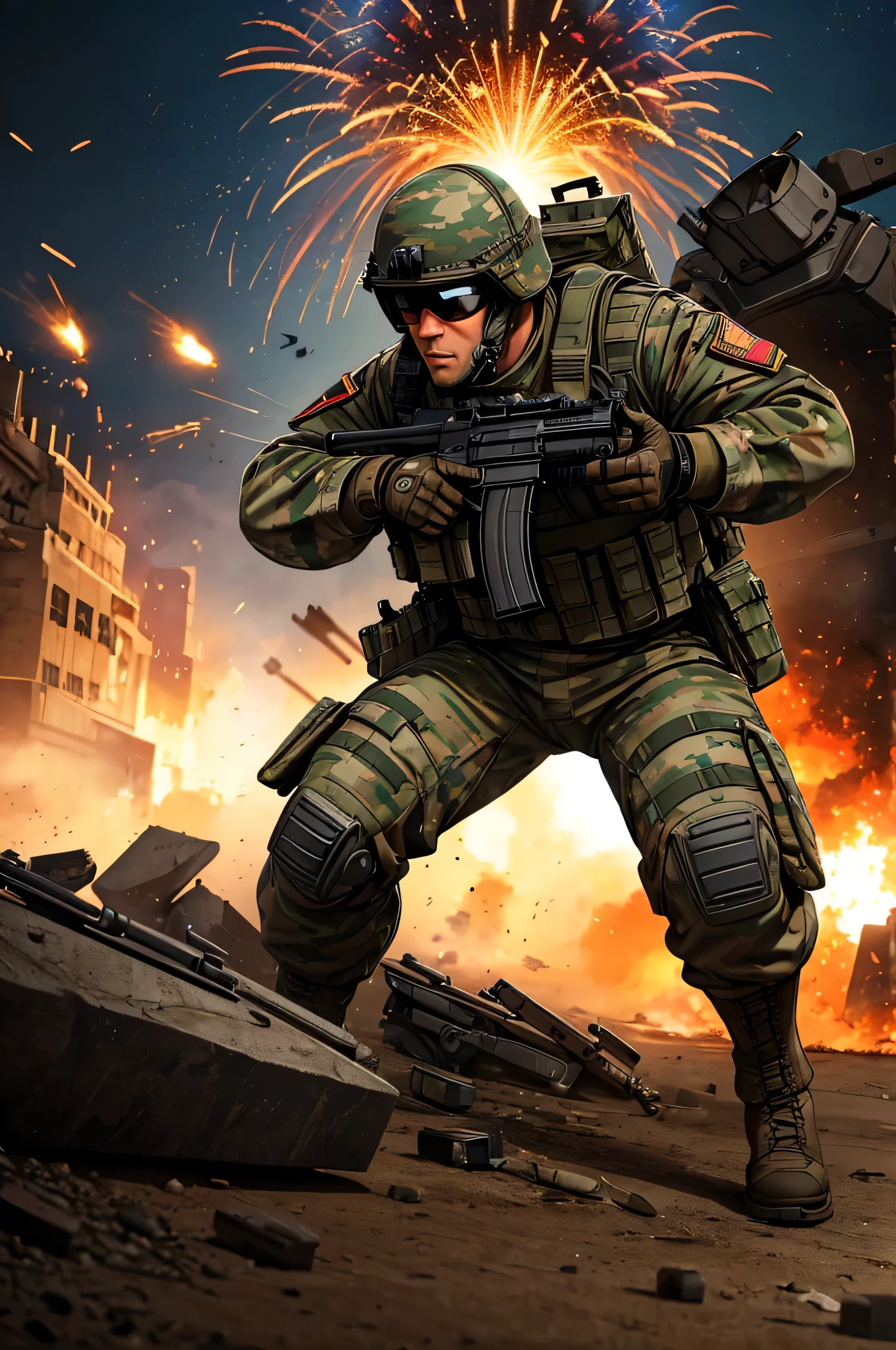 a soldier making a thumbs up gesture, highly detailed photorealistic military uniform, heavily armed with assault rifle, battlefield background with explosions, dynamic action pose, adrenaline-filled combat scene, winner celebration, cinematic lighting, war-torn environment, swirly vibrant colors, intense focal points, Photorealistic textures, dynamic camera angle, hyperrealistic details, masterful composition