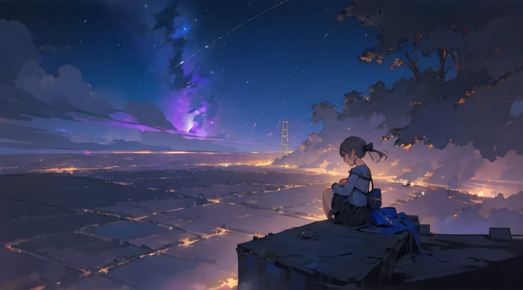 masterpiece,night,(dark alley),star、Night Sky、Overlooking the city、milky way、Back view、octone、
(1 girl), (solo), Knee hugging sitting，acousticguitar