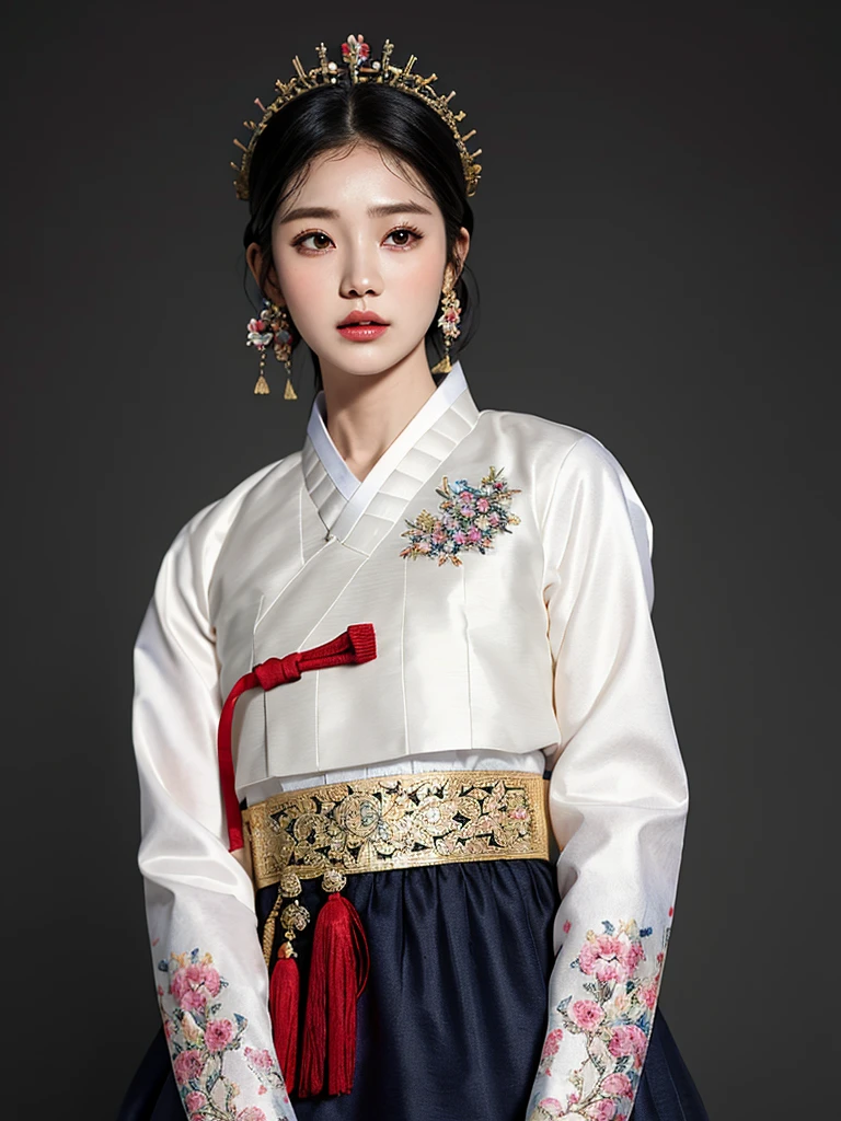 ((word)), Gyeongbokgung, (masterpiece), (detailed), (intricate details), (realistic, realistic:1.37),illustration, very delicate and beautiful, 매우 detailed, CG,unity, 8K wallpapers, amazing, fine details, Extremely fine CG Great unity 8k, 매우 detailed, high resolution, 매우 detailed, 매우 detailed eyes and face, upper body, View viewer, 1 girl, (18 years old), pale skin, black hair, 조랑word 꼬리, hairpin, part, headdress, earring, floral pattern, white hanbok, slim body,