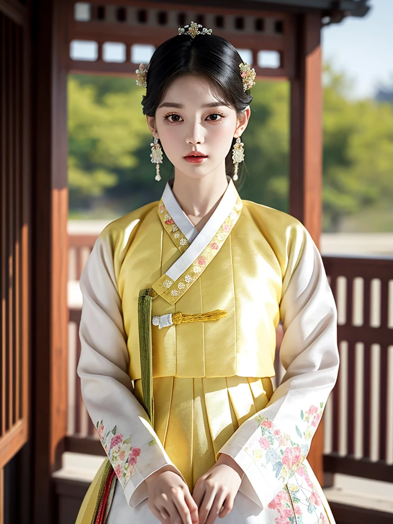 ((word)), Gyeongbokgung, (masterpiece), (detailed), (intricate details), (realistic, realistic:1.37),illustration, very delicate and beautiful, 매우 detailed, CG,unity, 8K wallpapers, amazing, fine details, Extremely fine CG Great unity 8k, 매우 detailed, high resolution, 매우 detailed, 매우 detailed eyes and face, upper body, View viewer, 1 girl, (18 years old), pale skin, black hair, 조랑word 꼬리, hairpin, part, headdress, earring, floral pattern, white hanbok, slim body,