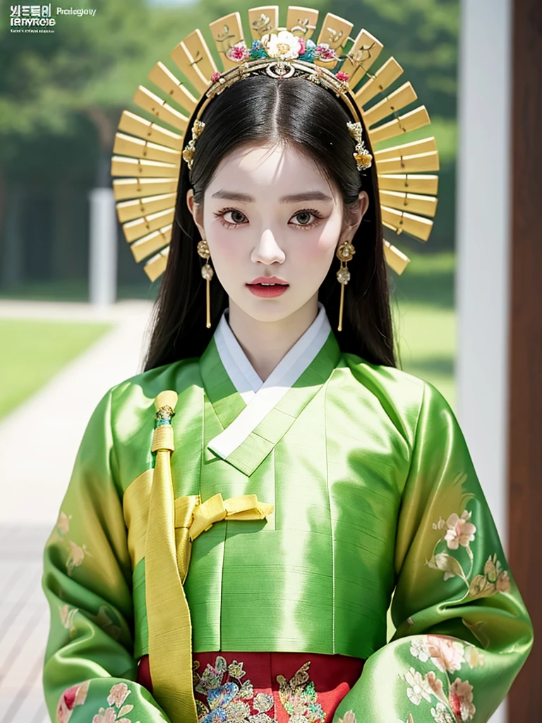 ((word)), Gyeongbokgung, (masterpiece), (detailed), (intricate details), (realistic, realistic:1.37),illustration, very delicate and beautiful, 매우 detailed, CG,unity, 8K wallpapers, amazing, fine details, Extremely fine CG Great unity 8k, 매우 detailed, high resolution, 매우 detailed, 매우 detailed eyes and face, upper body, View viewer, 1 girl, (18 years old), pale skin, black hair, 조랑word 꼬리, hairpin, part, headdress, earring, floral pattern, white hanbok, slim body,