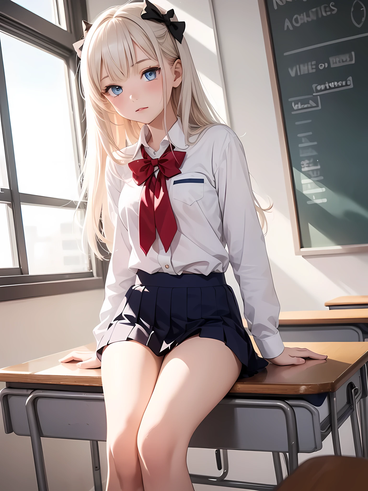 1 girl, , Dynamic pose, Dynamic Angle, Arrange Poses,Top quality work，Show off your legs，(Long white hair),(blue eyes), Rose Cheeks, Pretty face, Perfectly balanced face, School white shirt with red bow and black skirt, (School uniform), (School white shirt), White Stockings，School, In the classroom,  round small breasts