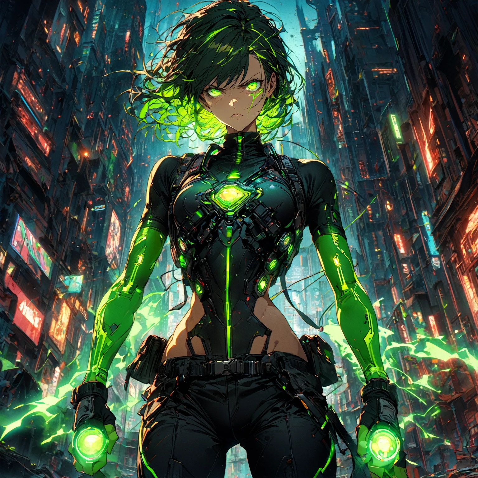 a girl with Slim, athletic build,Short, edgy hair with streaks of neon green,Intense, glowing green eyes,Fitted, (nude:0.9), NSFW, dark top with glowing green circuitry,standing in front of a city,Sleeveless or short-sleeved, showcasing glowing energy patterns on her arms,High-tech harness with energy nodes,Fingerless gloves with energy conduits,Dark, fitted pants with utility pockets,Belt with energy capsules and gadgets,Confident, determined expression,Energetic aura surrounding her hands and body, detailed gorgeous face| anime style| key visual| intricate detail| highly detailed| breathtaking| vibrant| panoramic| cinematic| Carne Griffiths| Conrad Roset| gibbli 8k