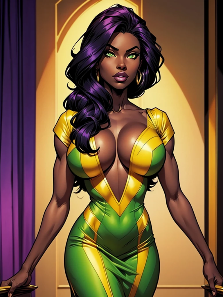 Only a black girl, ebony skin. purple long hair.  Green eyes.  Slender, athletic and elegant build. Elegsmt yellow dress. amazing stunningly beautiful, most beautiful women ever. Busty. Comic style. Marvel comics