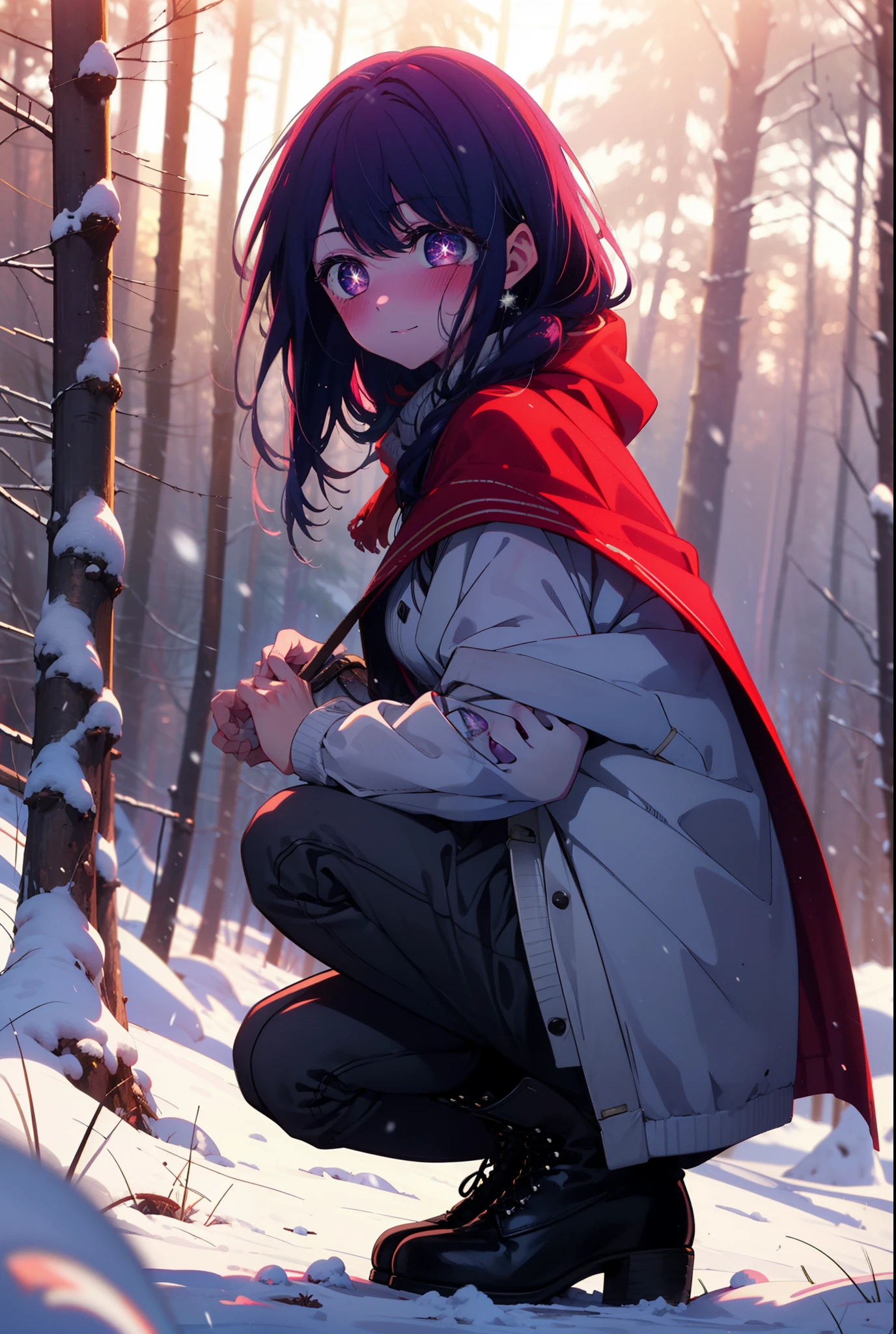 aihoshino, Ai Hoshino, Long Hair, bangs, (Purple eyes:1.1), Purple Hair, (Symbol-shaped pupil:1.5), smile,,smile,blush,white breath,
Open your mouth,snow,Ground bonfire, Outdoor, boots, snowing, From the side, wood, suitcase, Cape, Blurred, , forest, White handbag, nature, Squat, Mouth closed, Cape, winter, Written boundary depth, Black shoes, red Cape break looking at viewer, Upper Body, whole body, break Outdoor, forest, nature, break (masterpiece:1.2), Highest quality, High resolution, unity 8k wallpaper, (shape:0.8), (Beautiful and beautiful eyes:1.6), Highly detailed face, Perfect lighting, Highly detailed CG, (Perfect hands, Perfect Anatomy),