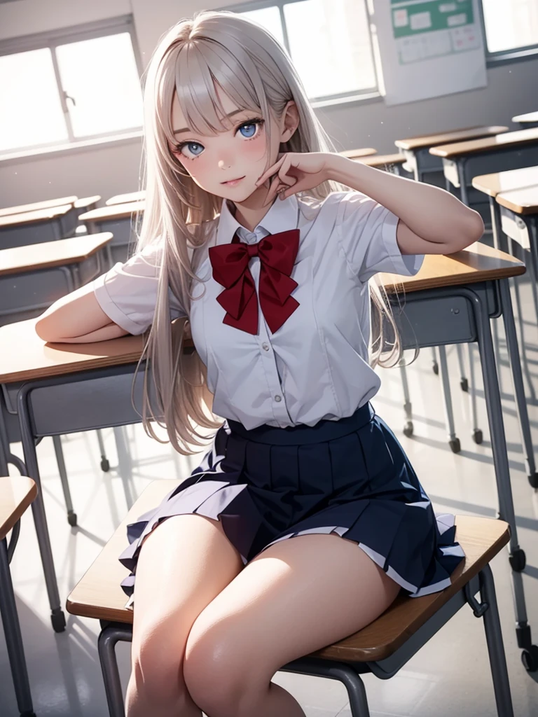 1 girl, 16 years old, Dynamic pose, Dynamic Angle, Pose placement,Top quality work，Show off your legs，(Long white hair),(blue eyes), Rose Cheeks, Pretty face, Perfectly balanced face, School white shirt with red bow and black skirt, (School uniform), (School white shirt), White Stockings，School, In the classroom,  round small breasts、erotic