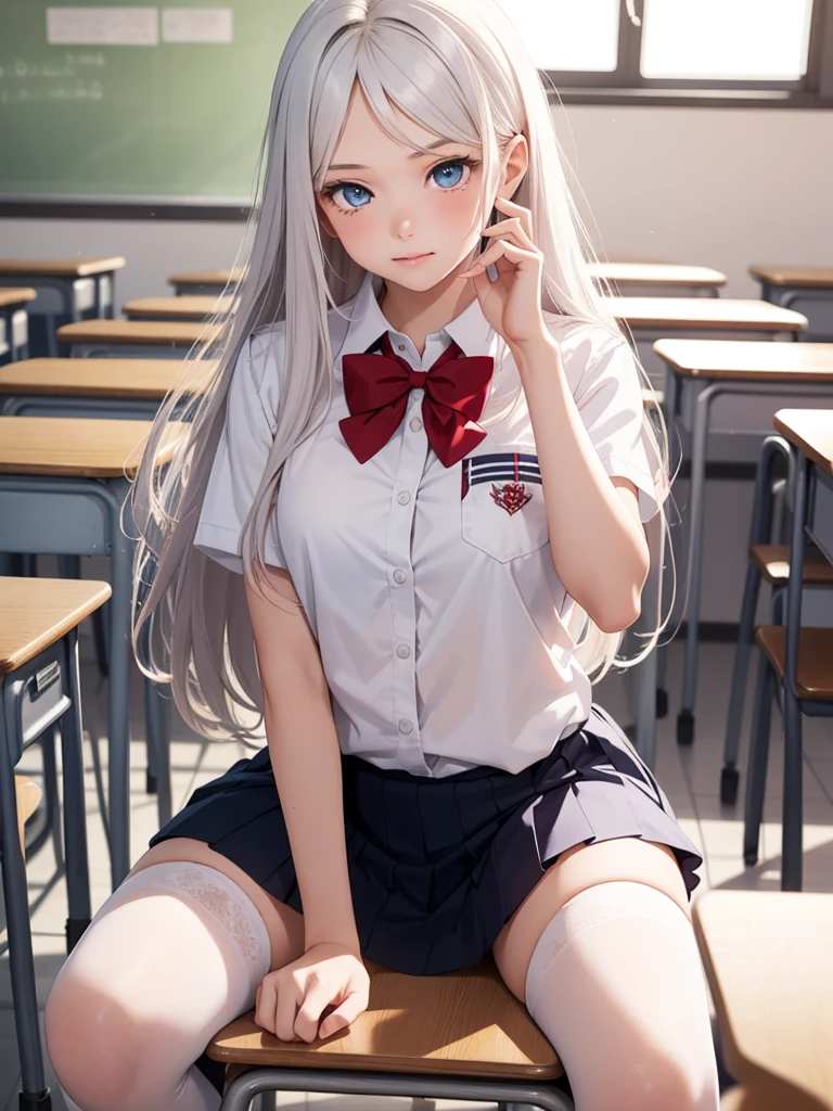 1 girl, 16 years old, Dynamic pose, Dynamic Angle, Pose placement,Top quality work，Show off your legs，(Long white hair),(blue eyes), Rose Cheeks, Pretty face, Perfectly balanced face, School white shirt with red bow and black skirt, (School uniform), (School white shirt), White Stockings，School, In the classroom,  round small breasts、erotic