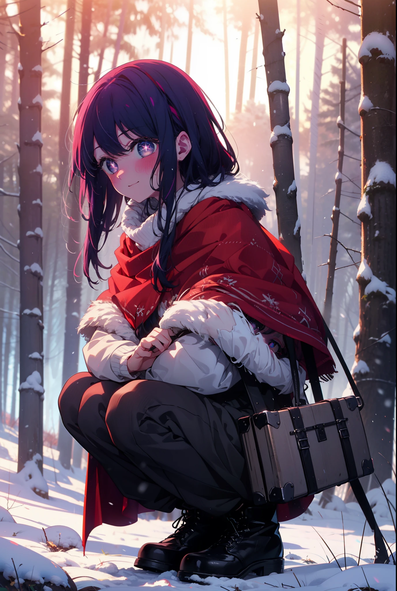 aihoshino, Ai Hoshino, Long Hair, bangs, (Purple eyes:1.1), Purple Hair, (Symbol-shaped pupil:1.5), smile,,smile,blush,white breath,
Open your mouth,snow,Ground bonfire, Outdoor, boots, snowing, From the side, wood, suitcase, Cape, Blurred, , forest, White handbag, nature, Squat, Mouth closed, Cape, winter, Written boundary depth, Black shoes, red Cape break looking at viewer, Upper Body, whole body, break Outdoor, forest, nature, break (masterpiece:1.2), Highest quality, High resolution, unity 8k wallpaper, (shape:0.8), (Beautiful and beautiful eyes:1.6), Highly detailed face, Perfect lighting, Highly detailed CG, (Perfect hands, Perfect Anatomy),