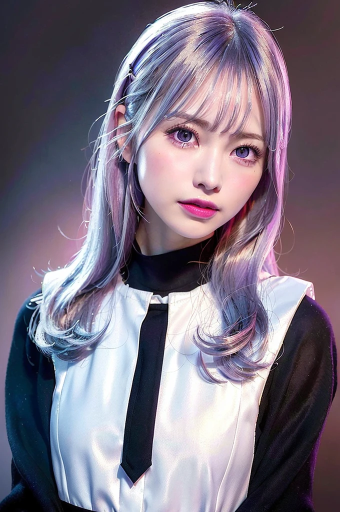 One girl,Beautiful vintage colors, Instagram (photoRealistic, High resolution:1.4), ((Puffy eyes)), View your viewers, , whole body (8k, RAW Photos, Highest quality, masterpiece:1.2), (Realistic, photo-Realistic:1.37),(Sharp focus:1.2), Professional Lighting, Photon Mapping, Radio City, Physically Based Rendering, (Pale skin:1.2),(Small breasts:1.2), View your viewers, (Mid-length hair:1.5), Portraiture, Purple eyes, (Silver Hair:1.1),bangs, (Simple Background:1.4), alone, Upper Body, Realistic,(masterpiece:1.4),(Highest quality:1.4),(Glowing Skin),Fashionable Girl,compensate,smile(skinny,Mouth closed,shy :1.3) ,(Are standing,Black stewardess uniform,Necromancer:1.1),Medium Bust,Sexy pose ,