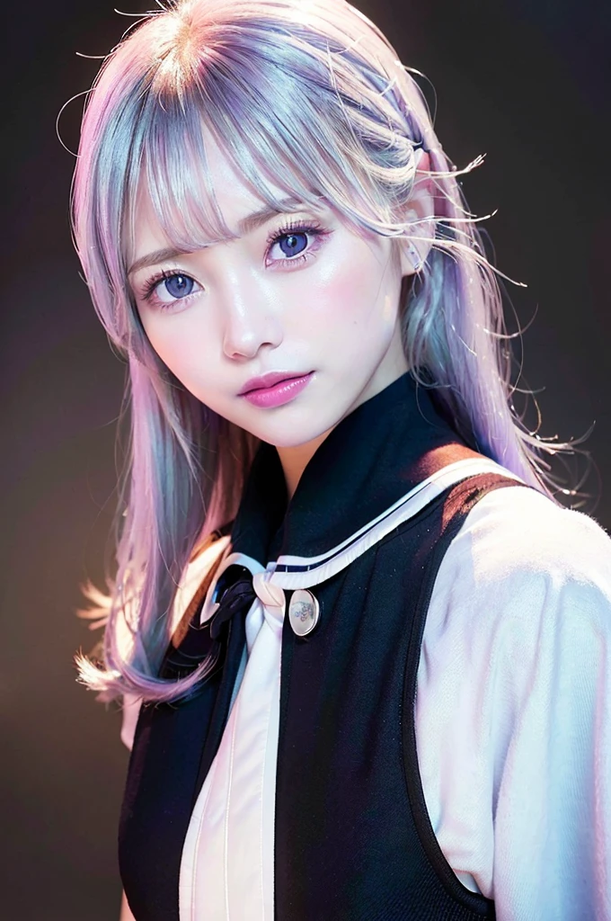 One girl,Beautiful vintage colors, Instagram (photoRealistic, High resolution:1.4), ((Puffy eyes)), View your viewers, , whole body (8k, RAW Photos, Highest quality, masterpiece:1.2), (Realistic, photo-Realistic:1.37),(Sharp focus:1.2), Professional Lighting, Photon Mapping, Radio City, Physically Based Rendering, (Pale skin:1.2),(Small breasts:1.2), View your viewers, (Mid-length hair:1.5), Portraiture, Purple eyes, (Silver Hair:1.1),bangs, (Simple Background:1.4), alone, Upper Body, Realistic,(masterpiece:1.4),(Highest quality:1.4),(Glowing Skin),Fashionable Girl,compensate,smile(skinny,Mouth closed,shy :1.3) ,(Are standing,Black stewardess uniform,Necromancer:1.1),Medium Bust,Sexy pose ,