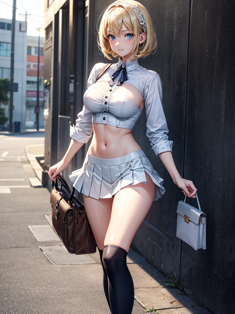 Anime style, super fine illustration, highly detailed, beautiful detailed, pale tone image, static representation, gentle expression, 8k, pretty 1girl with blonde straight short hair & blue eyes & a bright smile & full bust & slim waist & nipples & soft fair skin is wearing big white business shart & black tight skirt & 1business bag, on the business building street, in the morning, brilliant particles of lights, romantic stories, solo, perfect 5fingers, perfect arms, perfect legs, masterpiece.