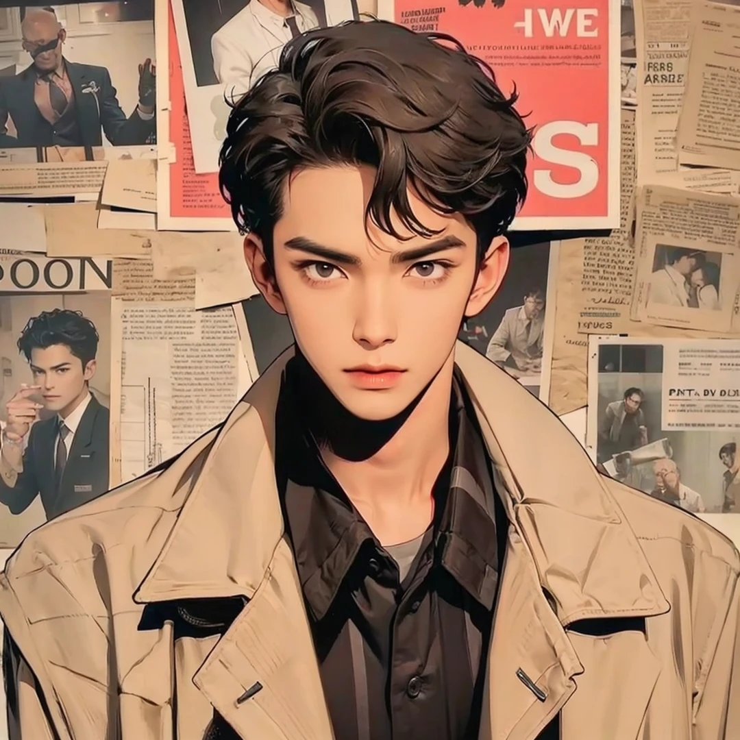 Handsome boy, black hair, brown eyes, wearing dirty white detective suit, black polo