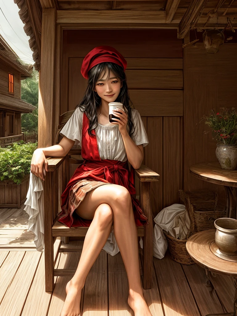 A 30-year-old Indonesian man, oval face, smiling lips, long hair wearing a red hat, sitting alone on a chair on the front porch of the house, both legs straight on the table, 2/3 body position slightly tilted while looking at the beautiful shining stars. the dim light of the porch lamp, the house and front porch are simple not luxurious, even the shabby leather chair looks torn, both hands holding a cup of warm coffee that looks like hot coffee smoke billowing. the dark night atmosphere is only lit by the lights shining around the porch of the house,
