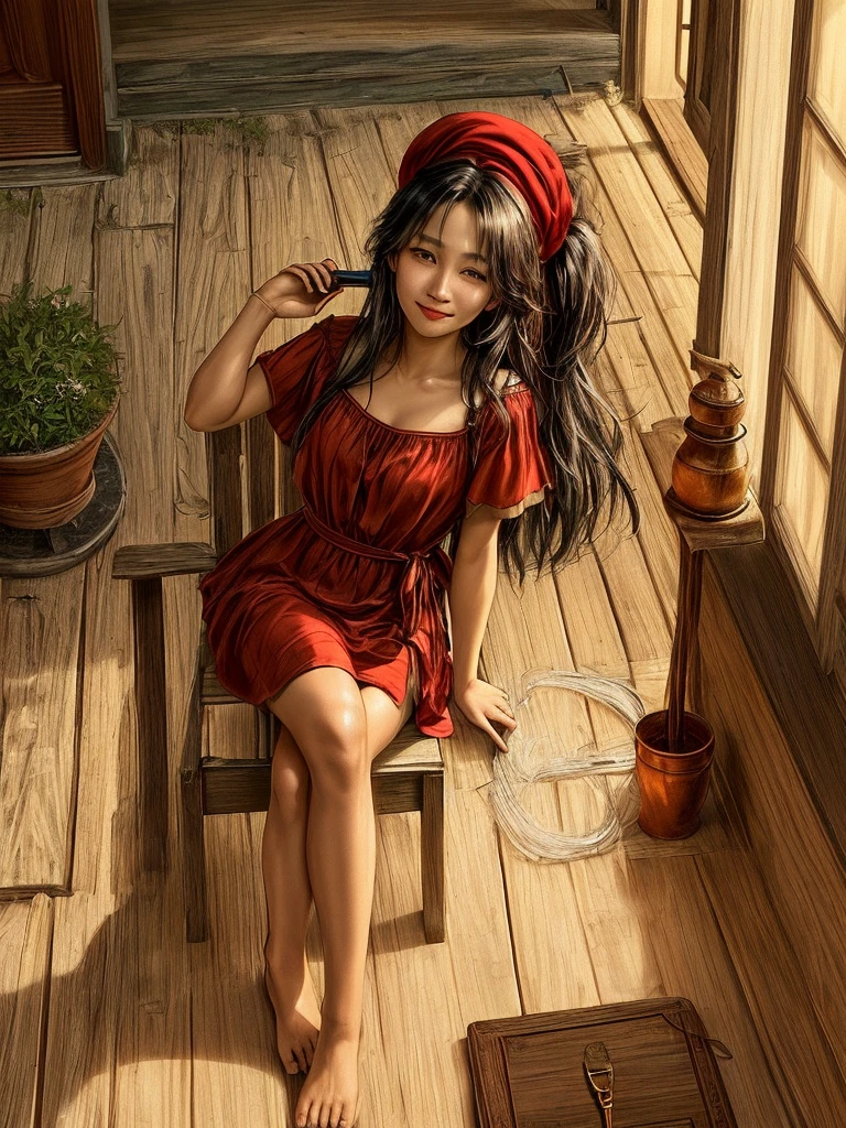 A 30-year-old Indonesian man, oval face, smiling lips, long hair wearing a red hat, sitting alone on a chair on the front porch of the house, both legs straight on the table, 2/3 body position slightly tilted while looking at the beautiful shining stars. the dim light of the porch lamp, the house and front porch are simple not luxurious, even the shabby leather chair looks torn, both hands holding a cup of warm coffee that looks like hot coffee smoke billowing. the dark ht atmosphere is only lit by the lights shining around the porch of the house,  