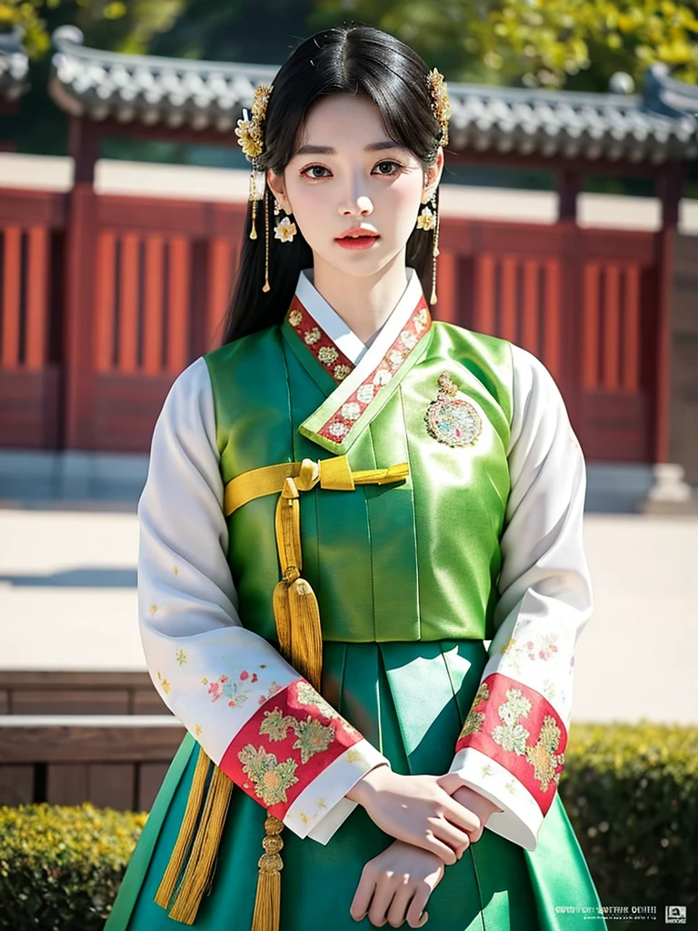 ((word)), Gyeongbokgung, (masterpiece), (detailed), (intricate details), (realistic, realistic:1.37),illustration, very delicate and beautiful, 매우 detailed, CG,unity, 8K wallpapers, amazing, fine details, Extremely fine CG Great unity 8k, 매우 detailed, high resolution, 매우 detailed, 매우 detailed eyes and face, upper body, View viewer, 1 girl, (18 years old), pale skin, black hair, 조랑word 꼬리, hairpin, part, headdress, earring, floral pattern, white hanbok, slim body,