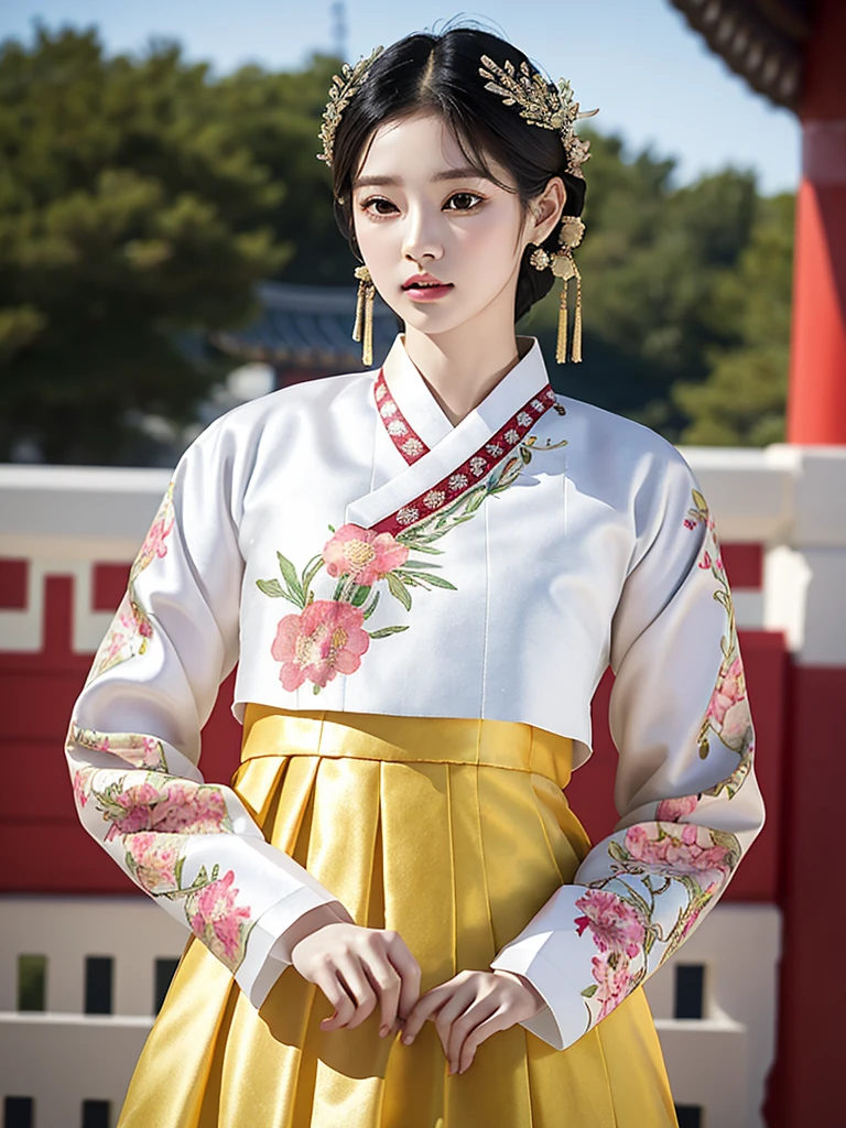 ((word)), Gyeongbokgung, (masterpiece), (detailed), (intricate details), (realistic, realistic:1.37),illustration, very delicate and beautiful, 매우 detailed, CG,unity, 8K wallpapers, amazing, fine details, Extremely fine CG Great unity 8k, 매우 detailed, high resolution, 매우 detailed, 매우 detailed eyes and face, upper body, View viewer, 1 girl, (18 years old), pale skin, black hair, 조랑word 꼬리, hairpin, part, headdress, earring, floral pattern, white hanbok, slim body,