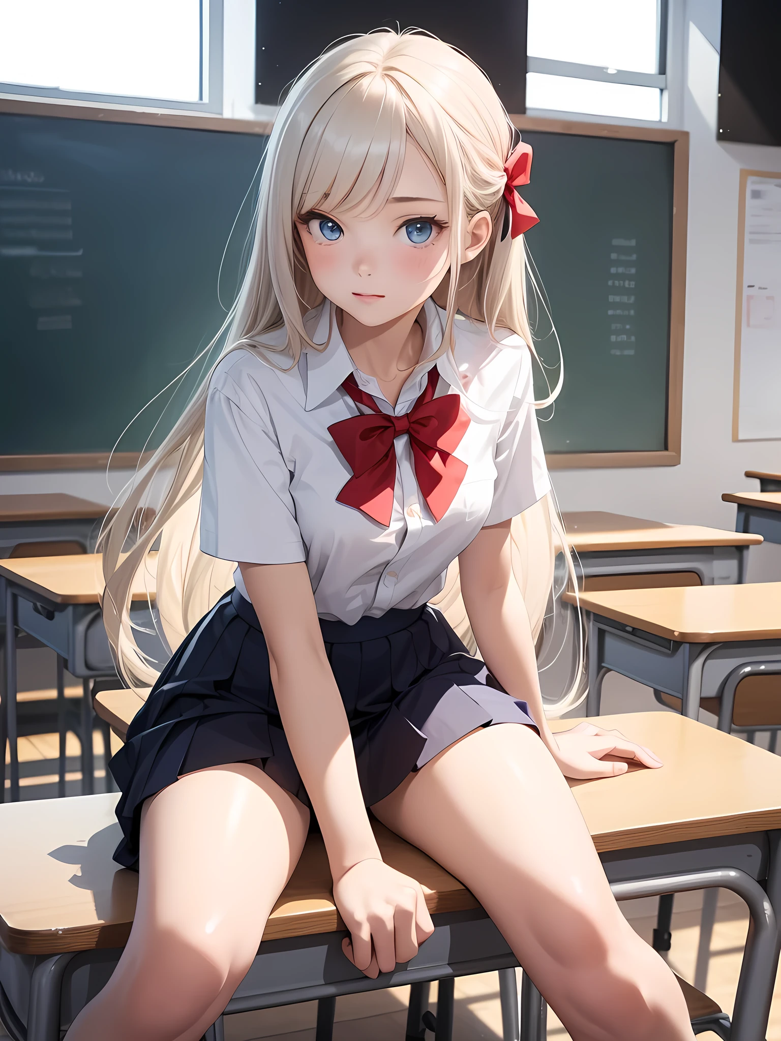 1 girl, 16 years old, Dynamic pose, Dynamic Angle, Pose placement,Top quality work,Show off your legs,(Long white hair),(blue eyes), Rose Cheeks, Pretty face, Perfectly balanced face, School white shirt with red bow and black skirt, (School uniform), (School white shirt), White Stockings,School, In the classroom, round small breasts、erotic