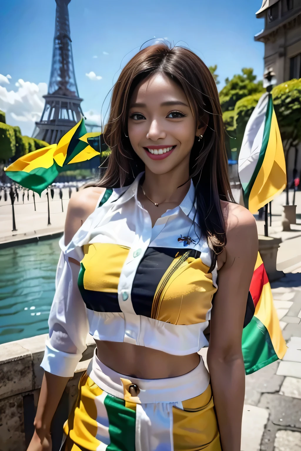 (((Jamaican flag-inspired outfit:1.3))),(),(((smile:1.3))),(((Women supporting the Paris Olympics:1.3))),(((International flags on the streets of Paris))),(((Eiffel Tower in the background))),(((The Seine in the background))),masterpiece,Highest quality,Ultra-high resolution output images,Write Boundary Depth,Intricate details,Add depth to your subject with contrast between light and shadow,Anatomically correct facial structure),(Picture Mode Ultra HD,)