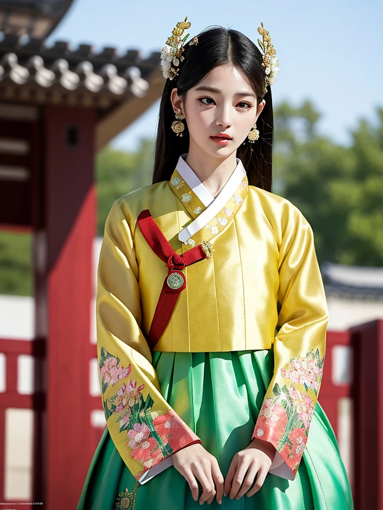 ((word)), Gyeongbokgung, (masterpiece), (detailed), (intricate details), (realistic, realistic:1.37),illustration, very delicate and beautiful, 매우 detailed, CG,unity, 8K wallpapers, amazing, fine details, Extremely fine CG Great unity 8k, 매우 detailed, high resolution, 매우 detailed, 매우 detailed eyes and face, upper body, View viewer, 1 girl, (18 years old), pale skin, black hair, 조랑word 꼬리, hairpin, part, headdress, earring, floral pattern, white hanbok, slim body,