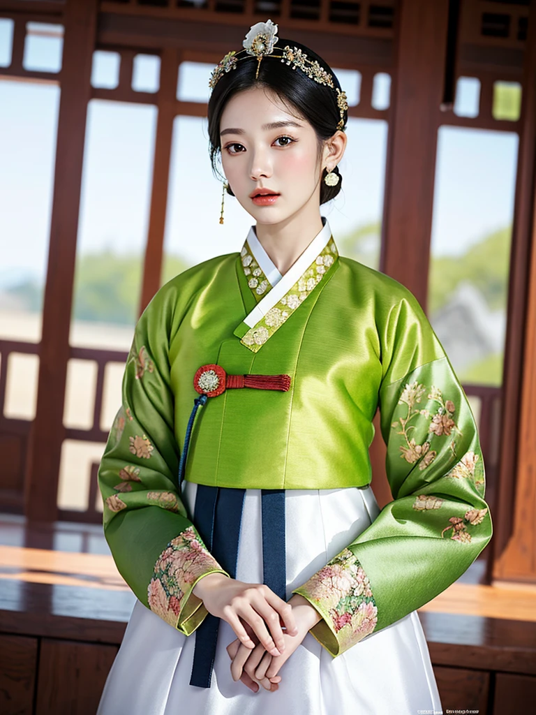 ((word)), Gyeongbokgung, (masterpiece), (detailed), (intricate details), (realistic, realistic:1.37),illustration, very delicate and beautiful, 매우 detailed, CG,unity, 8K wallpapers, amazing, fine details, Extremely fine CG Great unity 8k, 매우 detailed, high resolution, 매우 detailed, 매우 detailed eyes and face, upper body, View viewer, 1 girl, (18 years old), pale skin, black hair, 조랑word 꼬리, hairpin, part, headdress, earring, floral pattern, white hanbok, slim body,