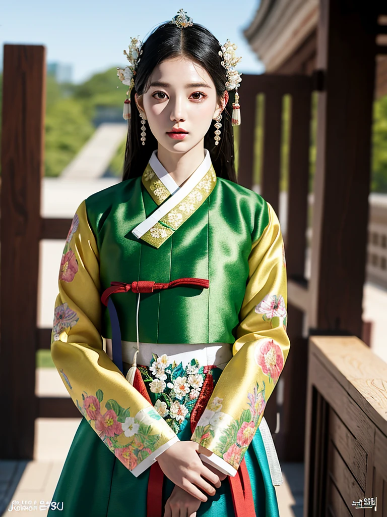 ((word)), Gyeongbokgung, (masterpiece), (detailed), (intricate details), (realistic, realistic:1.37),illustration, very delicate and beautiful, 매우 detailed, CG,unity, 8K wallpapers, amazing, fine details, Extremely fine CG Great unity 8k, 매우 detailed, high resolution, 매우 detailed, 매우 detailed eyes and face, upper body, View viewer, 1 girl, (18 years old), pale skin, black hair, 조랑word 꼬리, hairpin, part, headdress, earring, floral pattern, white hanbok, slim body,
