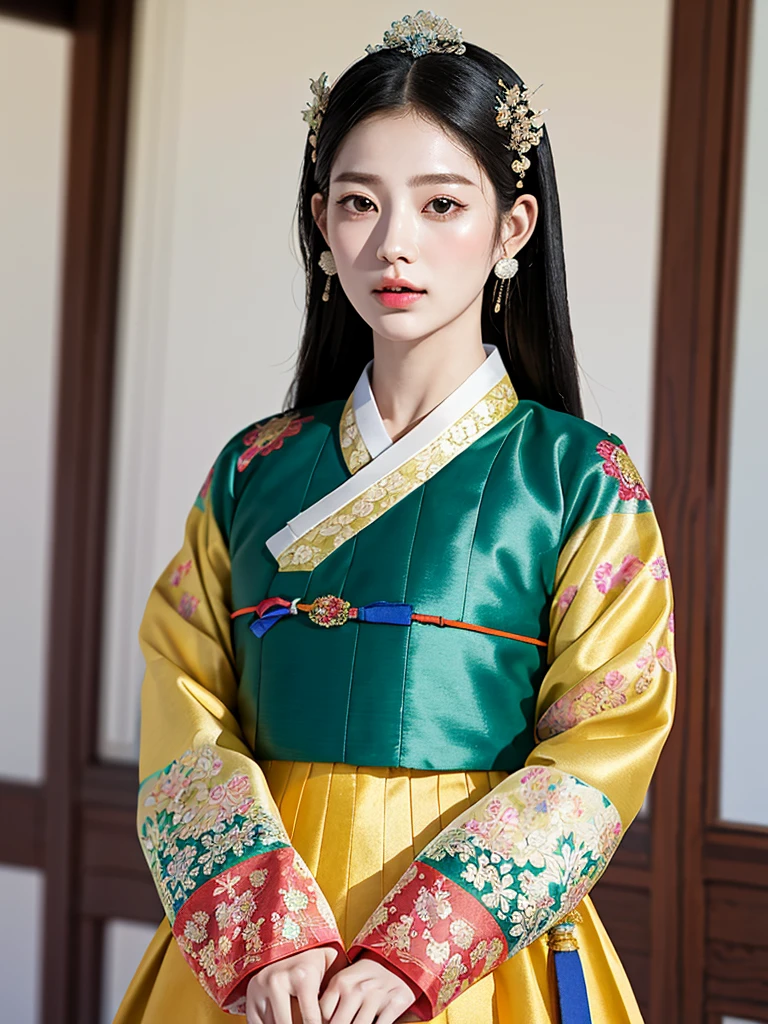 ((word)), Gyeongbokgung, (masterpiece), (detailed), (intricate details), (realistic, realistic:1.37),illustration, very delicate and beautiful, 매우 detailed, CG,unity, 8K wallpapers, amazing, fine details, Extremely fine CG Great unity 8k, 매우 detailed, high resolution, 매우 detailed, 매우 detailed eyes and face, upper body, View viewer, 1 girl, (18 years old), pale skin, black hair, 조랑word 꼬리, hairpin, part, headdress, earring, floral pattern, white hanbok, slim body,