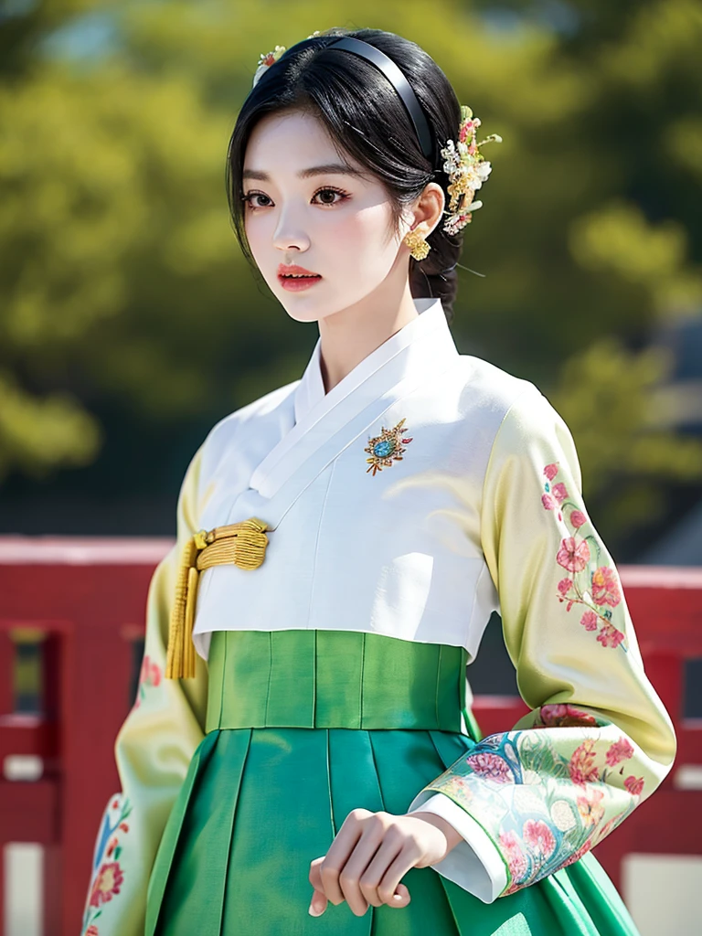 ((word)), Gyeongbokgung, (masterpiece), (detailed), (intricate details), (realistic, realistic:1.37),illustration, very delicate and beautiful, 매우 detailed, CG,unity, 8K wallpapers, amazing, fine details, Extremely fine CG Great unity 8k, 매우 detailed, high resolution, 매우 detailed, 매우 detailed eyes and face, upper body, View viewer, 1 girl, (18 years old), pale skin, black hair, 조랑word 꼬리, hairpin, part, headdress, earring, floral pattern, white hanbok, slim body,