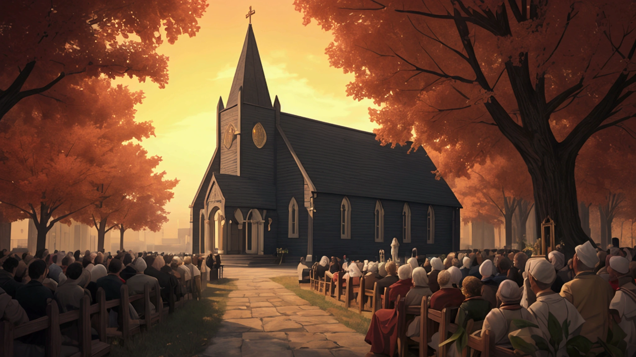 "Description: Depict the current church age as the Millennium, emphasizing the symbolic and ongoing nature of this period.
Details: Create a scene that represents the idea that the Millennium is a metaphor for the present age of the church. Use balanced and harmonious colors to reflect the symbolic understanding of this era. Include:
Church and Community: Show vibrant scenes of the church actively engaging in worship, service, and community building. Highlight the positive impact of Christian teachings and actions in everyday life.
Symbolic Representation: Include elements that symbolize the spiritual reign of Christ, such as the imagery of a peaceful kingdom or a spiritual city. Illustrate how the church embodies Christ’s reign through its mission and activities.
Ongoing Influence: Depict various aspects of modern life and society that reflect the influence of Christian values, such as acts of kindness, justice, and moral living. Show how these elements are part of the symbolic Millennium."